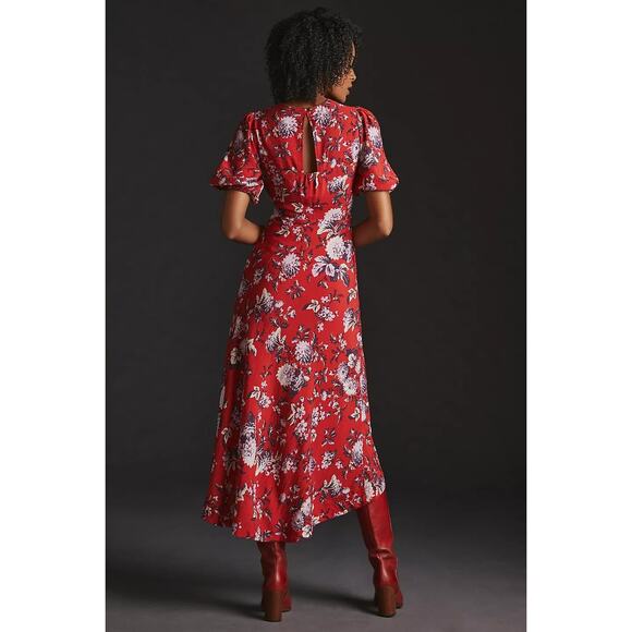 New Anthropologie Maeve Puff-Sleeve Floral Midi Dress $160 SIZE 6 Red - Picture 4 of 5